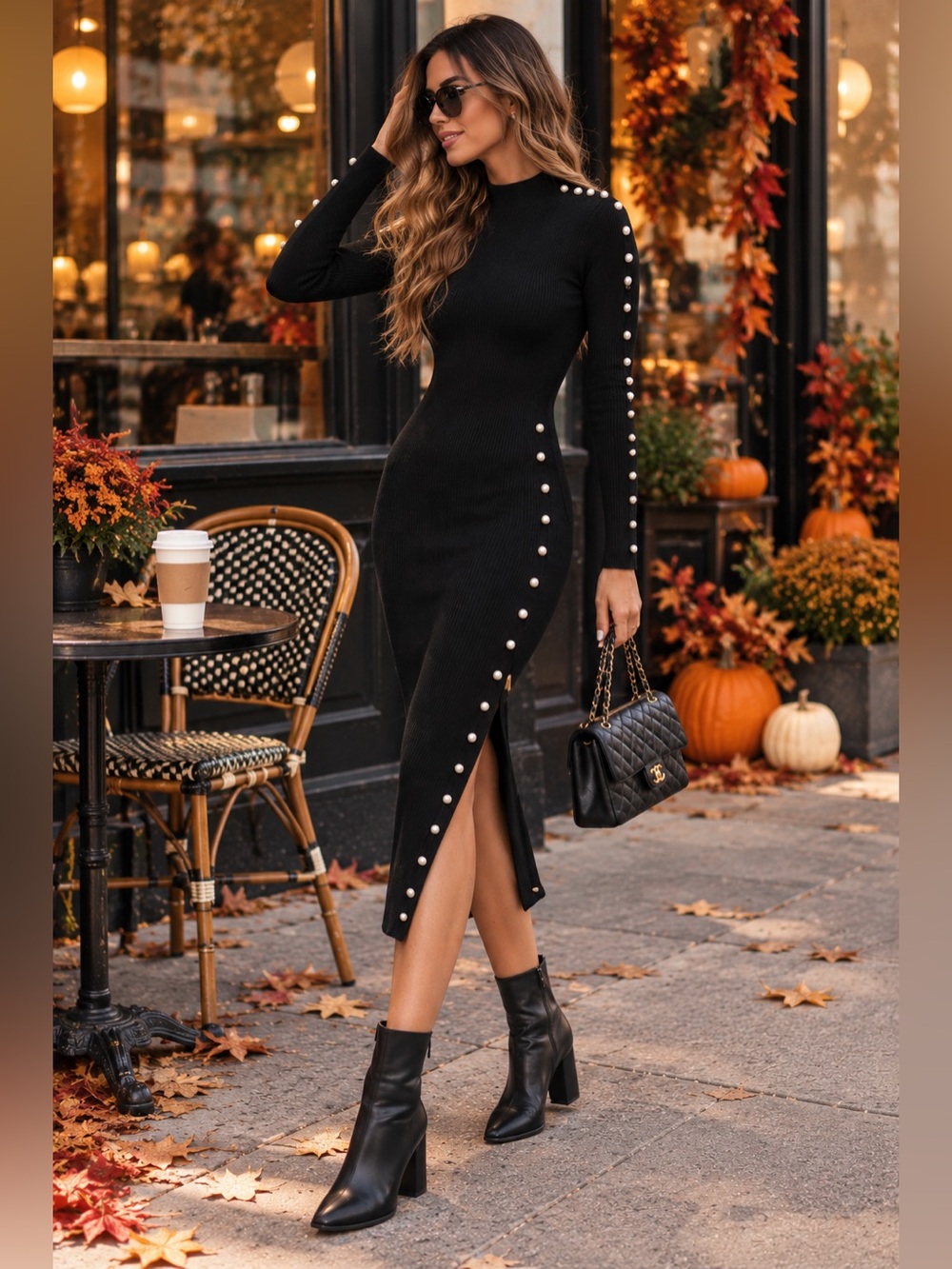 New Black Pearl-Trim Ribbed Long Sleeve Dress
